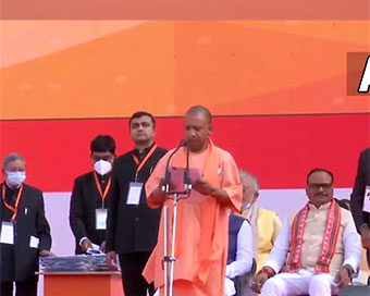 Yogi sworn in for 2nd term, KP Maurya, Brajesh Pathak his deputies